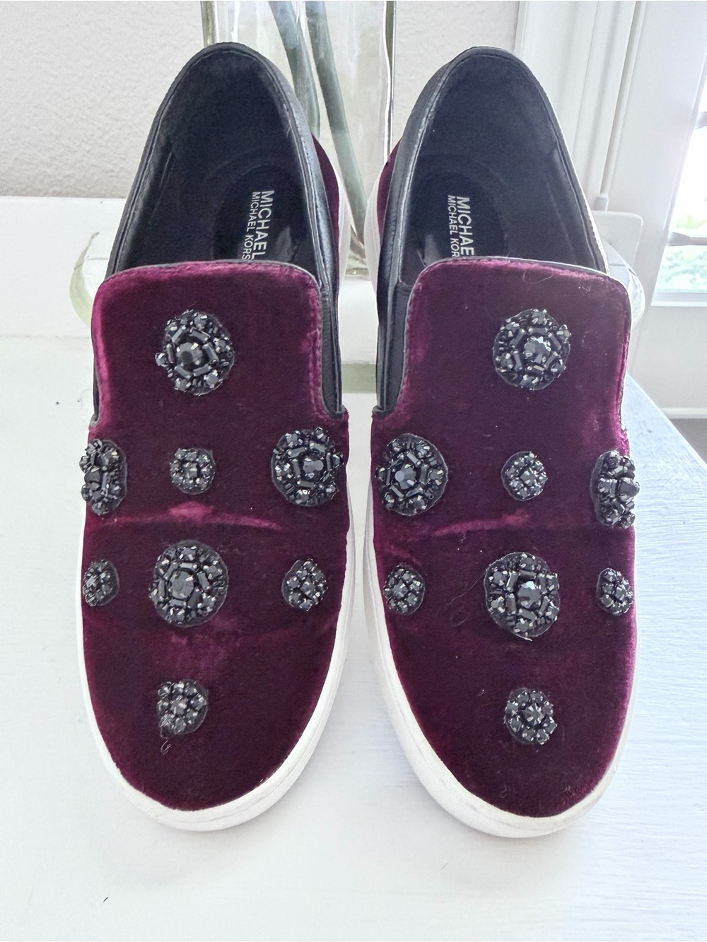 Michael Kors Women's Embellished Velvet Slip-On Sneakers in Deep Burgundy